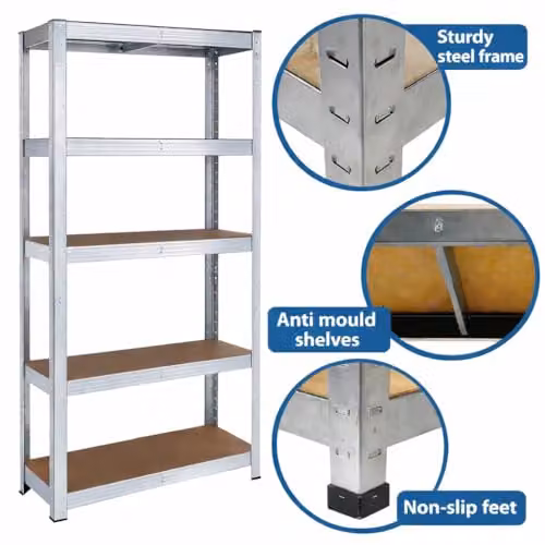 Direct Online Houseware 5 Tier Heavy Duty Metal and MDF Garage Shelving Unit, Silver, W/D/H: 70 x 30 x 150 cm – 2