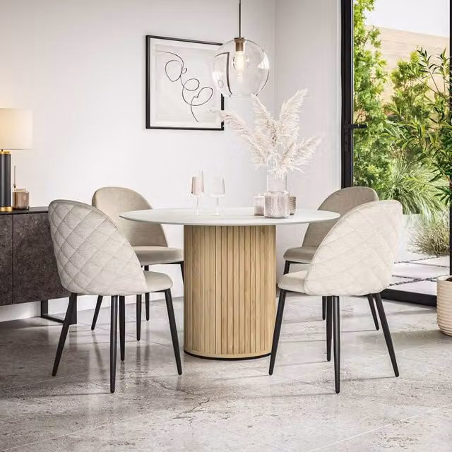 More4Homes Arlo White Marble Top Round Dining Table with Oak Legs and 6 Raye Beige Velvet Dining Chairs Set, W/D/H: 120 x 120 x 75 cm