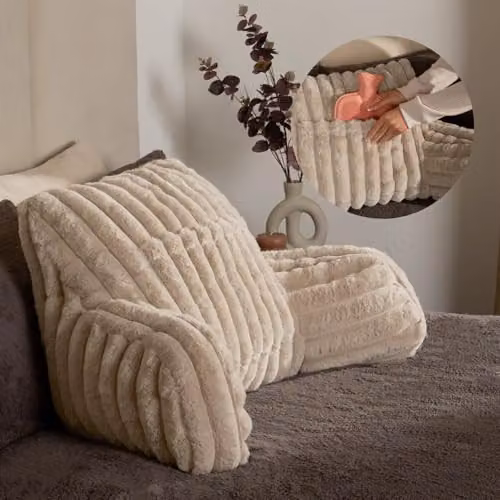 OHS Ribbed Faux Fur Cuddle Reading Pillow with Heatable Pocket in Beige, W/D/H: 65 x 40 x 40 cm