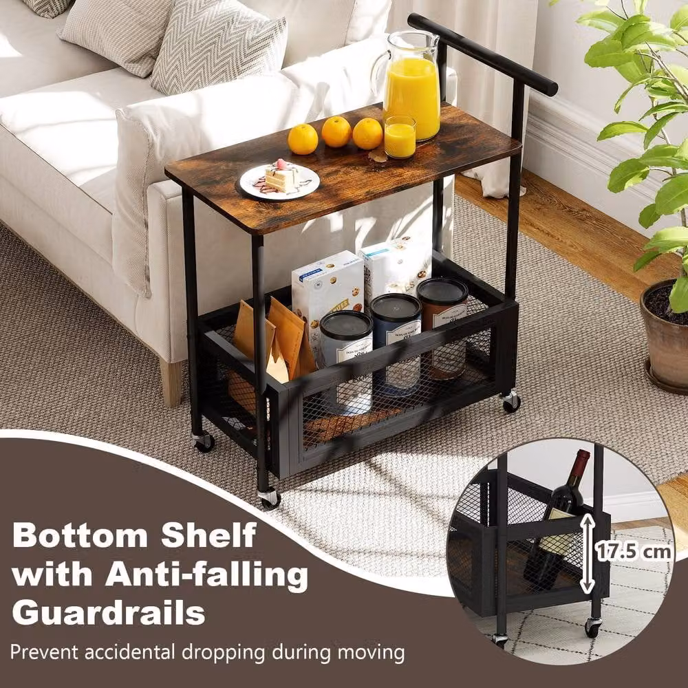 Gymax 2-Tier Industrial Rolling End Table with Handle and Mesh Basket in Brown – 4