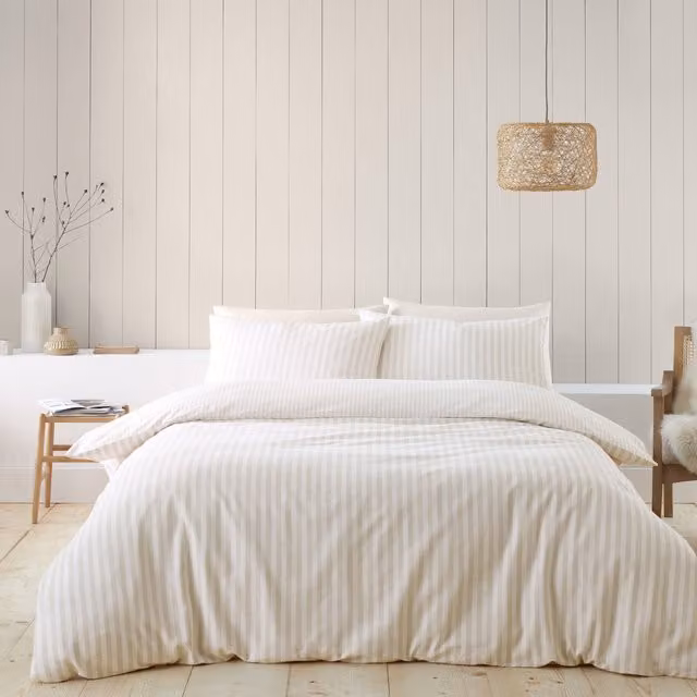 Catherine Lansfield Reversible Striped Flannelette Cotton Duvet Cover Bedding Set in Beige