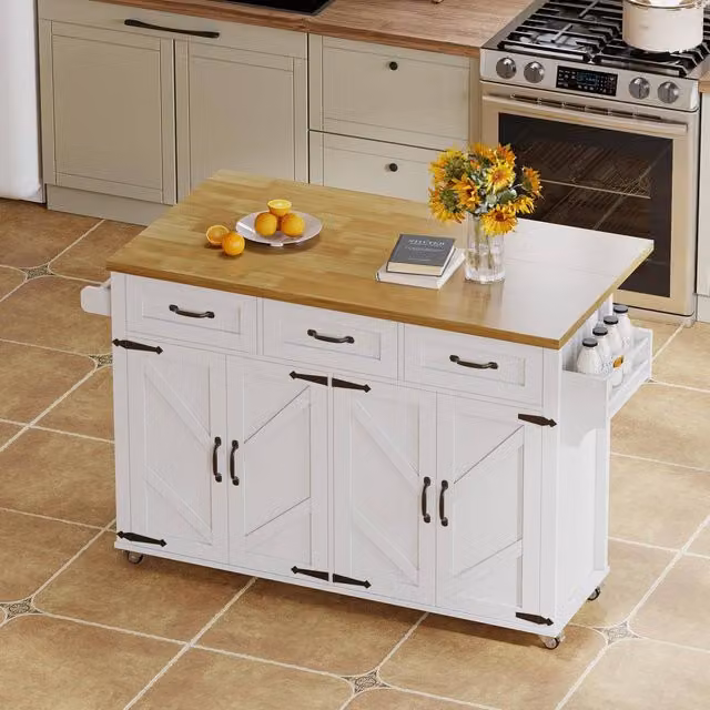 Merax White Mobile Kitchen Island Storage Trolley with Foldable Wood MDF Worktop, H 90.5 x W 140 x D 40 cm – 1
