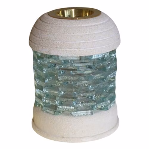 KDMD Round Glass and Stone Tabletop Oil Burner and Tealight Lamp in White and Sand – 1