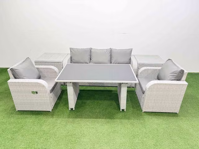 Fimous 5-Seater Outdoor Rattan Garden Furniture Dining Set with 2 Side Tables in Light Grey