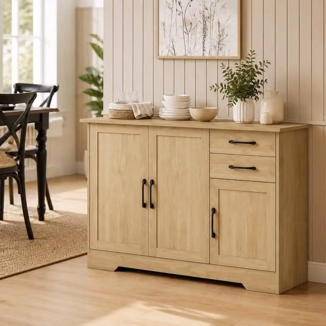 STILVORA Modern Sideboard with 2 Drawers and 3 Doors in Natural Wood and Brown