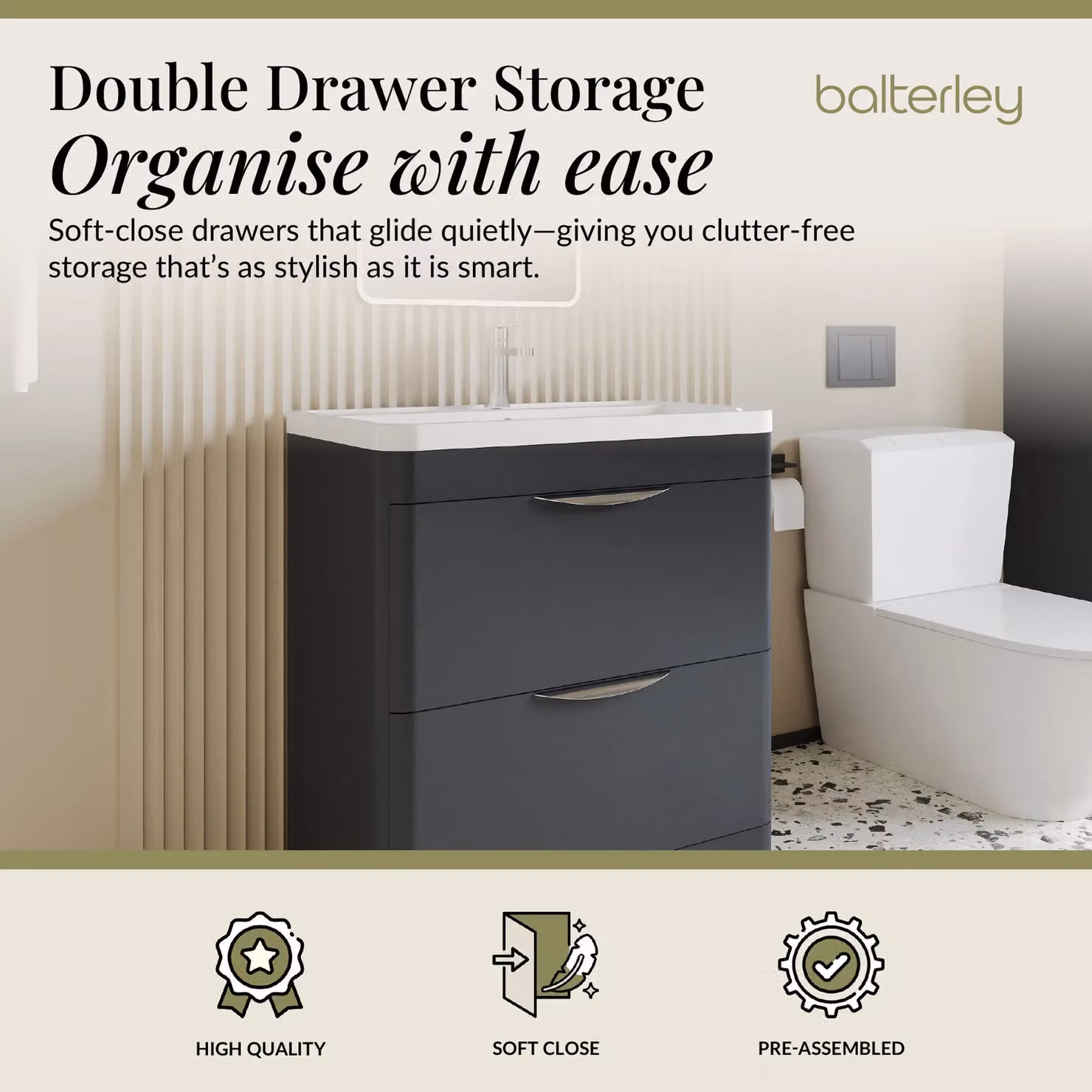 Balterley Contemporary 2 Drawer Floor Bathroom Vanity Unit, Grey, W: 75.5 cm, H: 84.0 cm – 2
