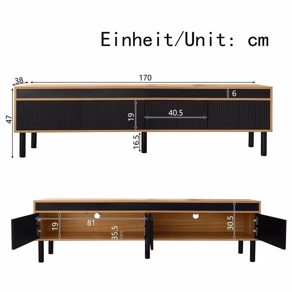 KORVIXA Mid Century Modern 4-Door Large TV Stand Media Storage Unit, Black, W/D/H: 100 x 100 x 100 cm – 2