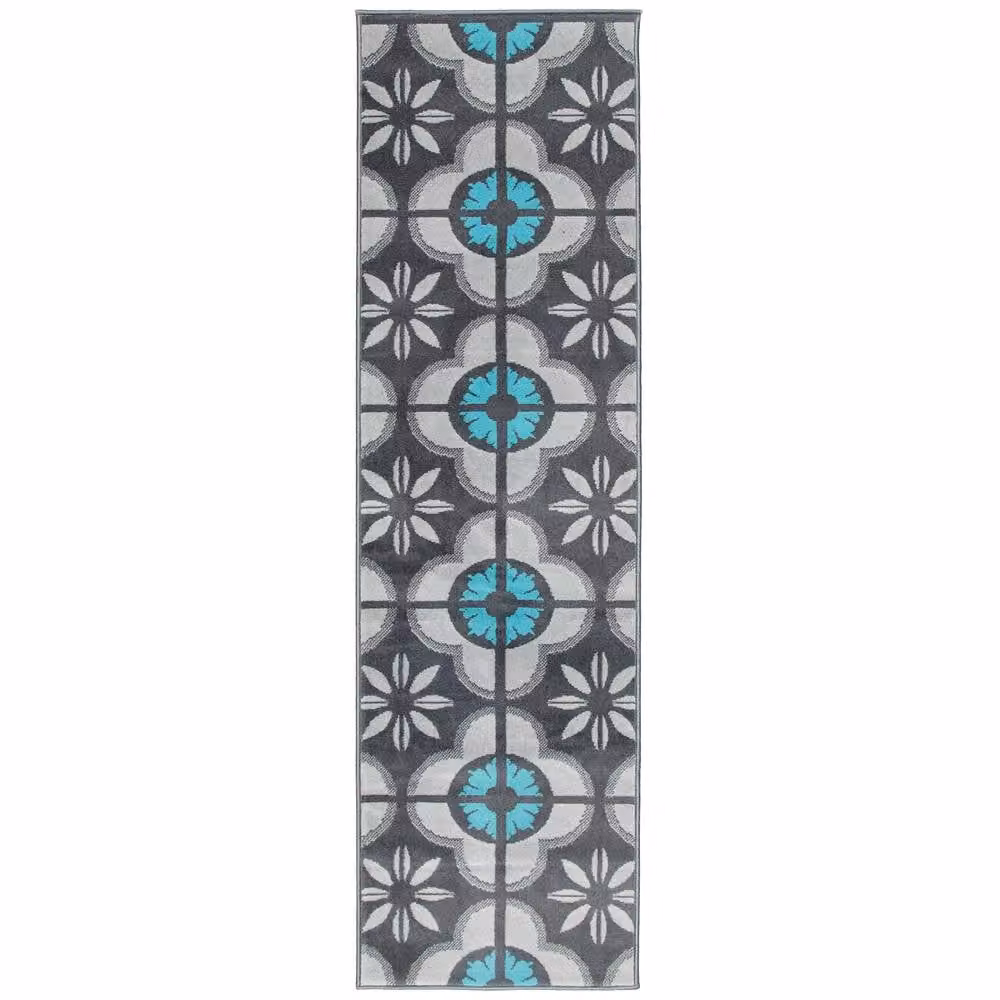 Bravich LTD Floral Tile Blue Non-Slip Low Pile Hallway Runner Rug W: 60 cm, L: 150 cm – 3