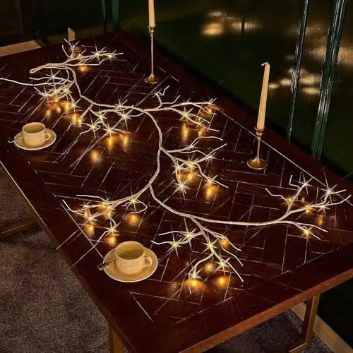 Marco Paul Rustic Birch Twig Garland with 48 Warm White LED Lights, 180 cm, Battery Operated