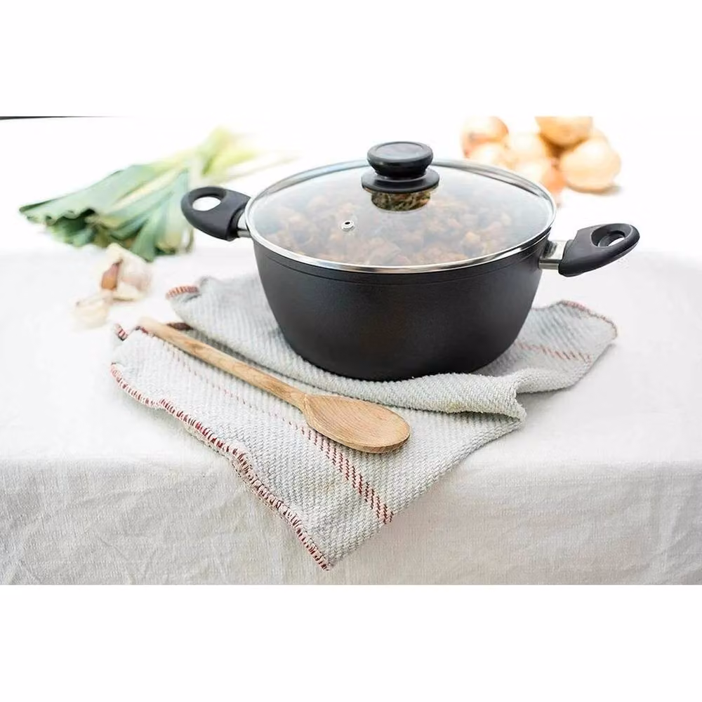 VOGREX Black Die-Cast Non-Stick Deep Stock Pot with Glass Lid, Diameter: 24 cm – 4