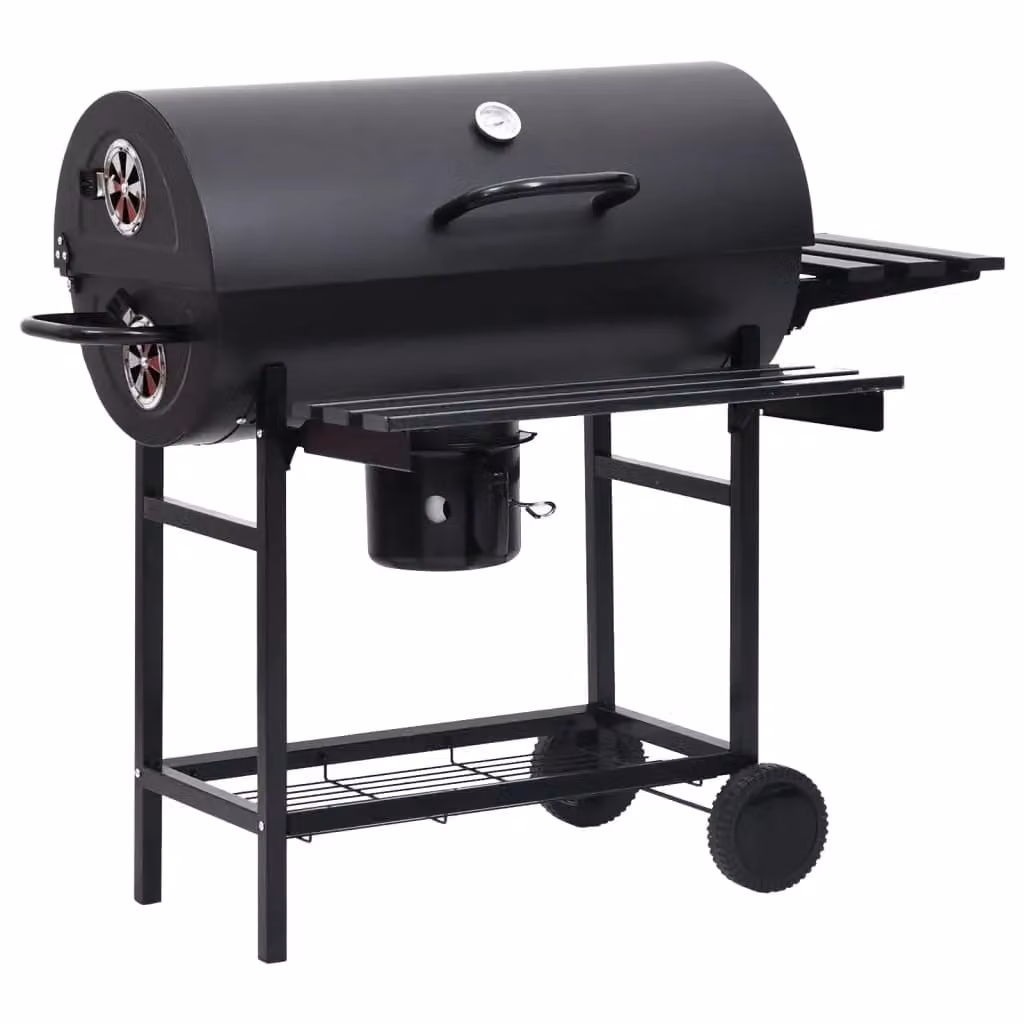 Berkfield Home Black Steel Barrel Charcoal Grill with Wheels, Shelves and Warming Rack, W/D/H: 115 x 85 x 95 cm – 1