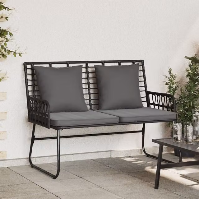 Berkfield Home Modern Garden Bench with UV-Resistant Cushions in Black Poly Rattan and Powder-Coated Steel