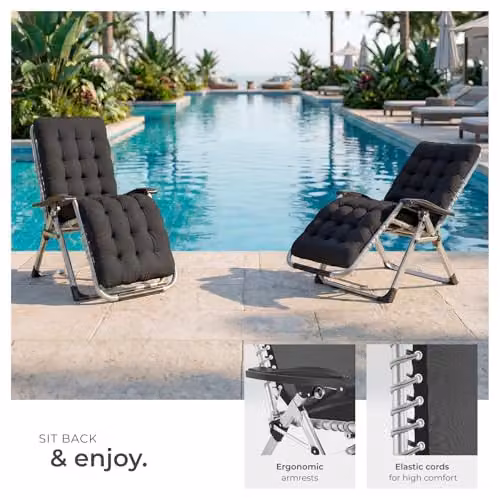 tectake Set of 2 Black Textilene Sun Loungers with Powder Coated Steel Frame, Adjustable Headrest, Armrests and Side Tray – 6