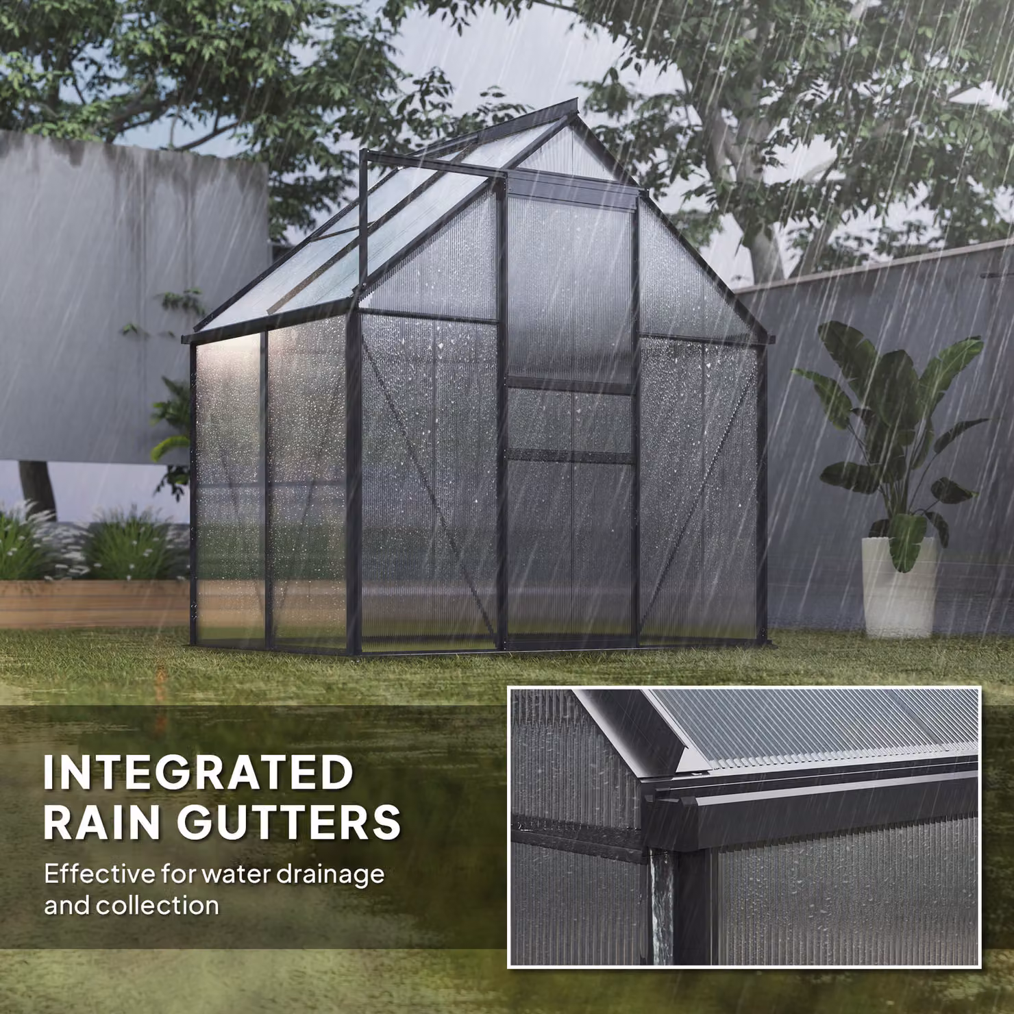 Outsunny Transparent Polycarbonate Walk-In Greenhouse with Sliding Window and Rain Gutter, W/D/H: 131 x 131 x 200 cm – 6