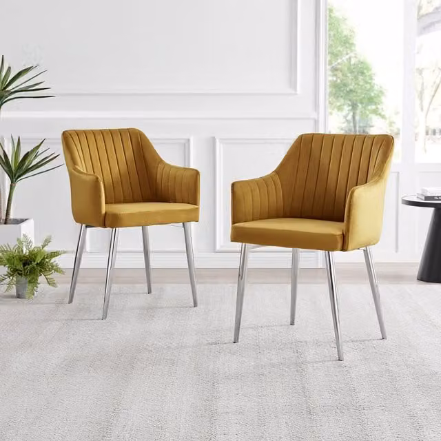 FurnitureboxUK Calla Modern Dining Chairs in Mustard Velvet with Chrome Metal Legs, Set of 2