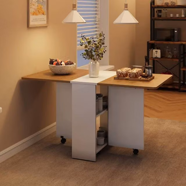 London Boutique White Folding Kitchen Dining Table with Drop Leaf and Shelves – 1