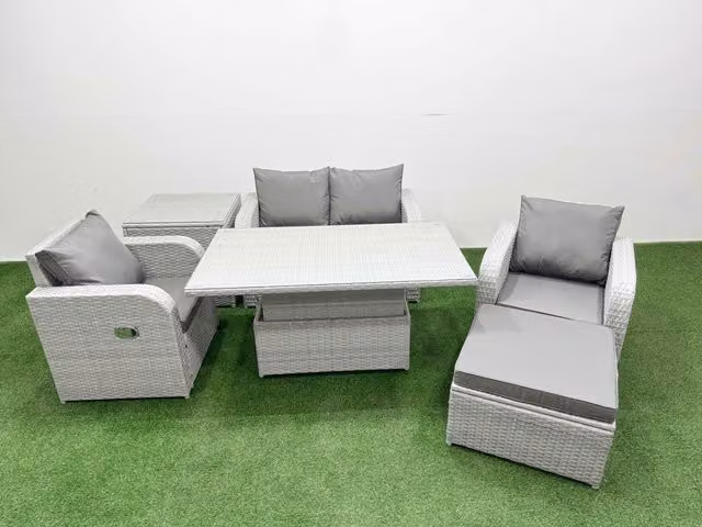 Fimous 5 Seater Grey PE Wicker Rattan Garden Furniture Set with Upholstered Cushions, 2 Seater Sofa, Lounge Armchair, Coffee Table and Ottoman