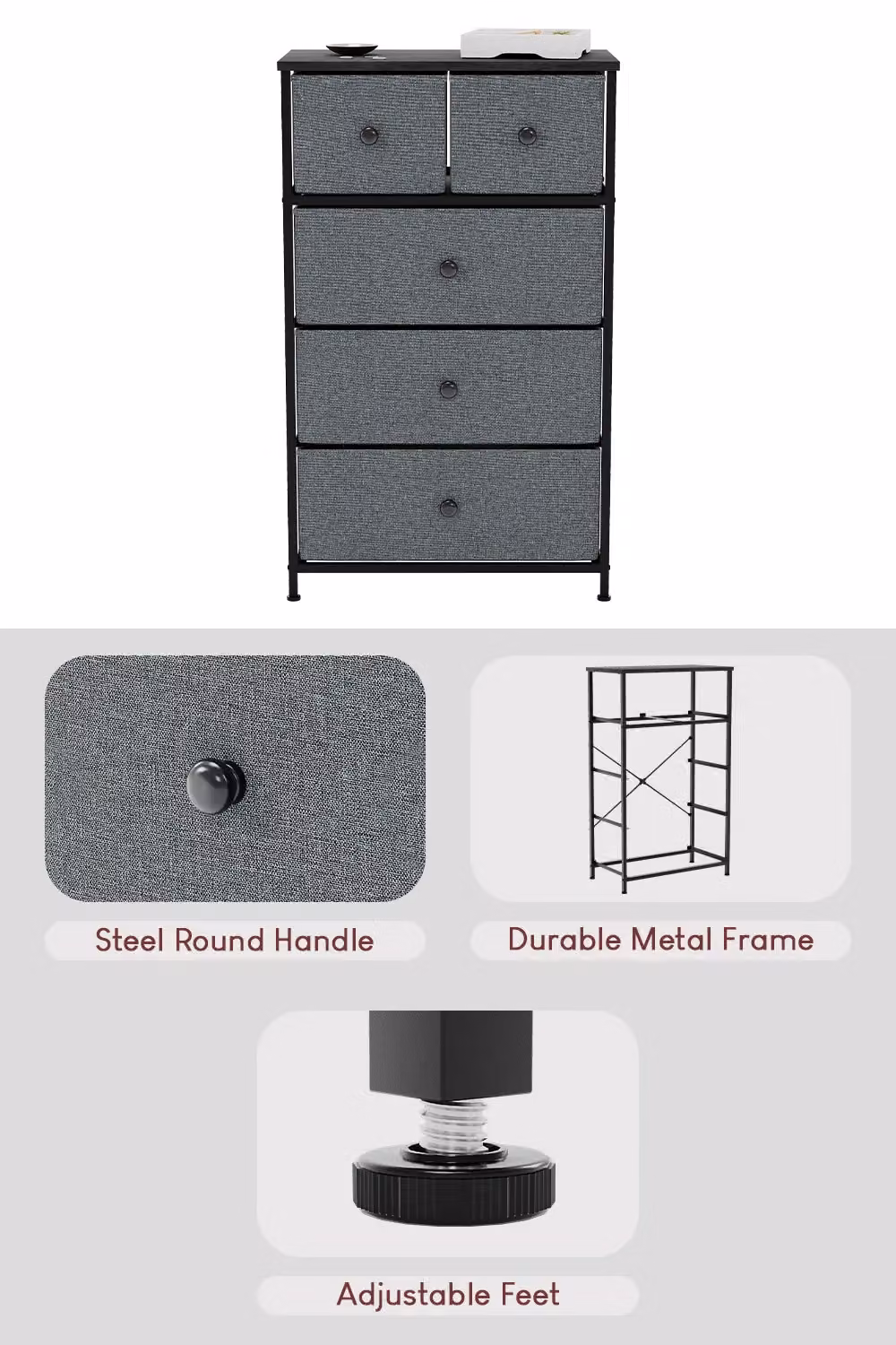 Vida Designs Chorley 5 Drawer Fabric and Metal Chest of Drawers in Grey – 3