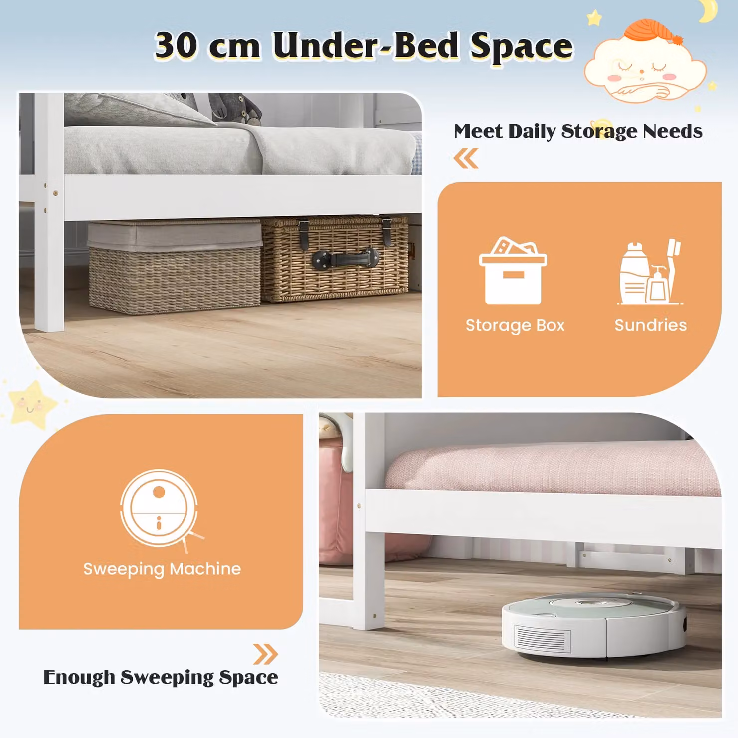 Gymax Single House Bed Frame with Roof Canopy, Desk and 2 Drawers, White, 90 x 200 cm – 3
