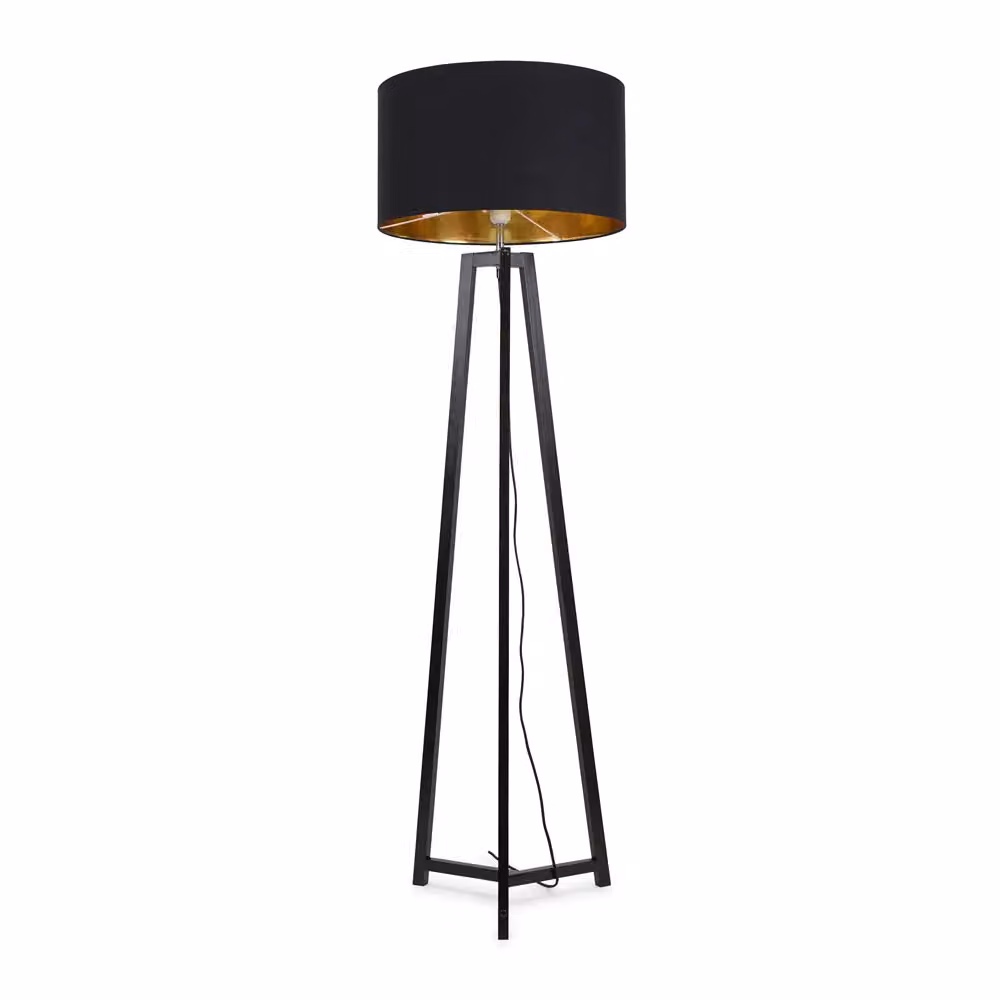 ValueLights Lottie Black Wood Tripod Floor Lamp with Black and Gold Cylinder Fabric Shade, H 148 cm x W 45 cm x D 45 cm – 2