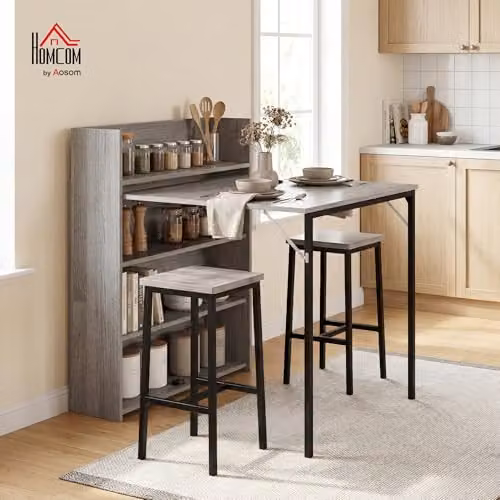 HOMCOM Folding Dining Table with 4-Tier Shelves in Grey Wood Effect and Black – 2