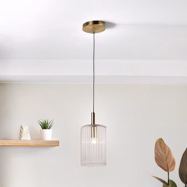 First Choice Lighting Walpole Fluted Glass Ceiling Pendant Fitting in Bronze and Transparent Glass