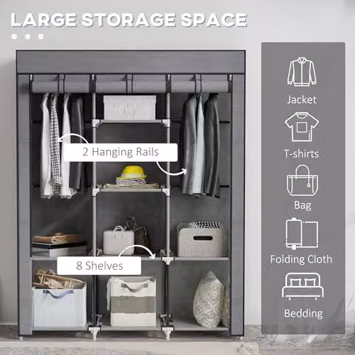 HOMCOM Fabric Wardrobe with Hanging Rod and Internal Shelves, Grey, W/D/H: 125 x 43 x 162.5 cm – 3