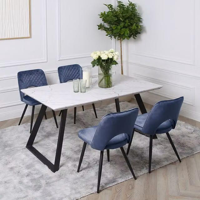 Home Garden Direct Venice Dining Set with Marble-Effect Rectangular Table and 4 Blue Chairs