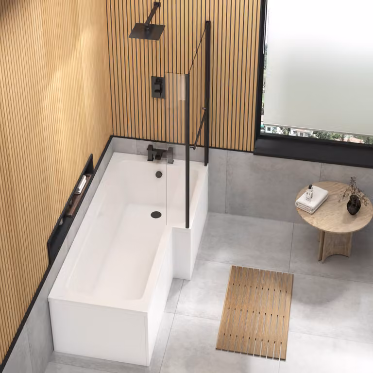 Qubix L Shaped Shower Bath with Black Screen and Front Panel, White, W: 170 cm, D: 85 cm