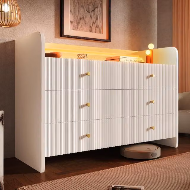 Aosom 6-Drawer Fluted Sideboard with RGB LED Lighting in White, W: 120 cm, D: 40 cm, H: 75 cm – 1