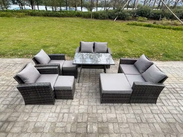 Fimous 8 Piece Wicker Rattan Garden Furniture Set with 3 Footstools in Dark Grey