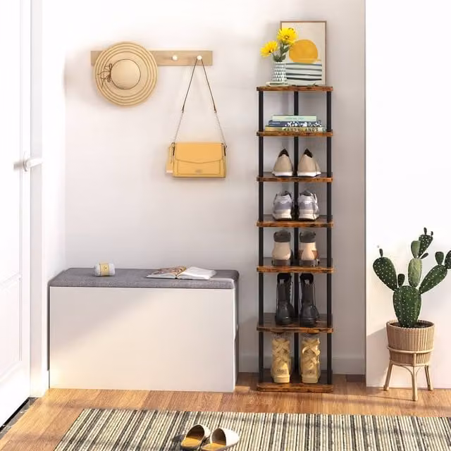 Huhote 7 Tier Narrow Shoe Rack Organiser in Brown