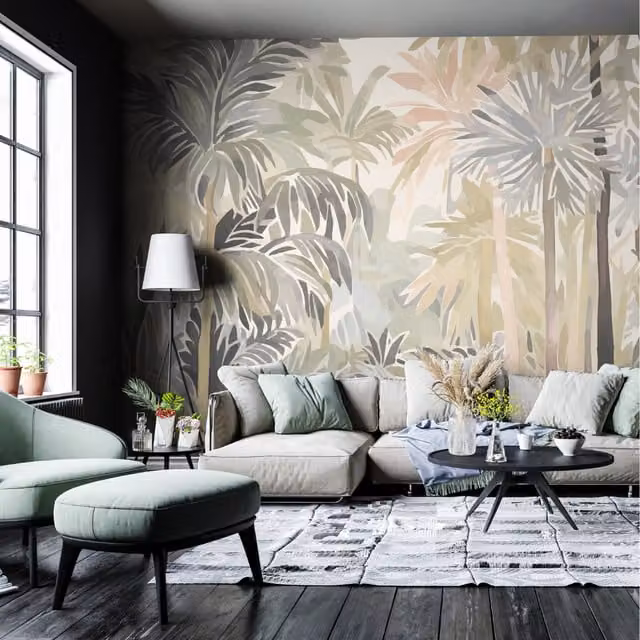 Origin Murals Pretty Palms Floral Wall Mural in Natural Stone and Yellow Multicolour