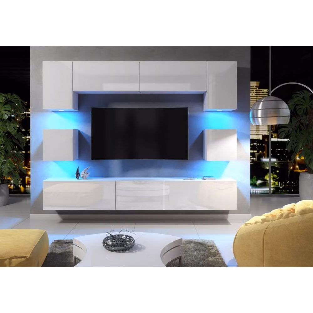 Mex Furniture LTD Panorama Wall Mounted TV Unit in White with Glossy Hinged Doors and Integrated LED Lighting (W: 242 cm, H: 35 cm, D: 40 cm) – 3