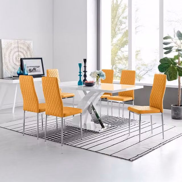 FurnitureboxUK Atlanta Modern Rectangular High Gloss White Dining Table and 6 Milan Chairs Set in Yellow
