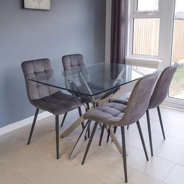 Kosy Koala Modern Rectangular Glass Dining Table Set with 4 Grey Velvet Chairs in Brown