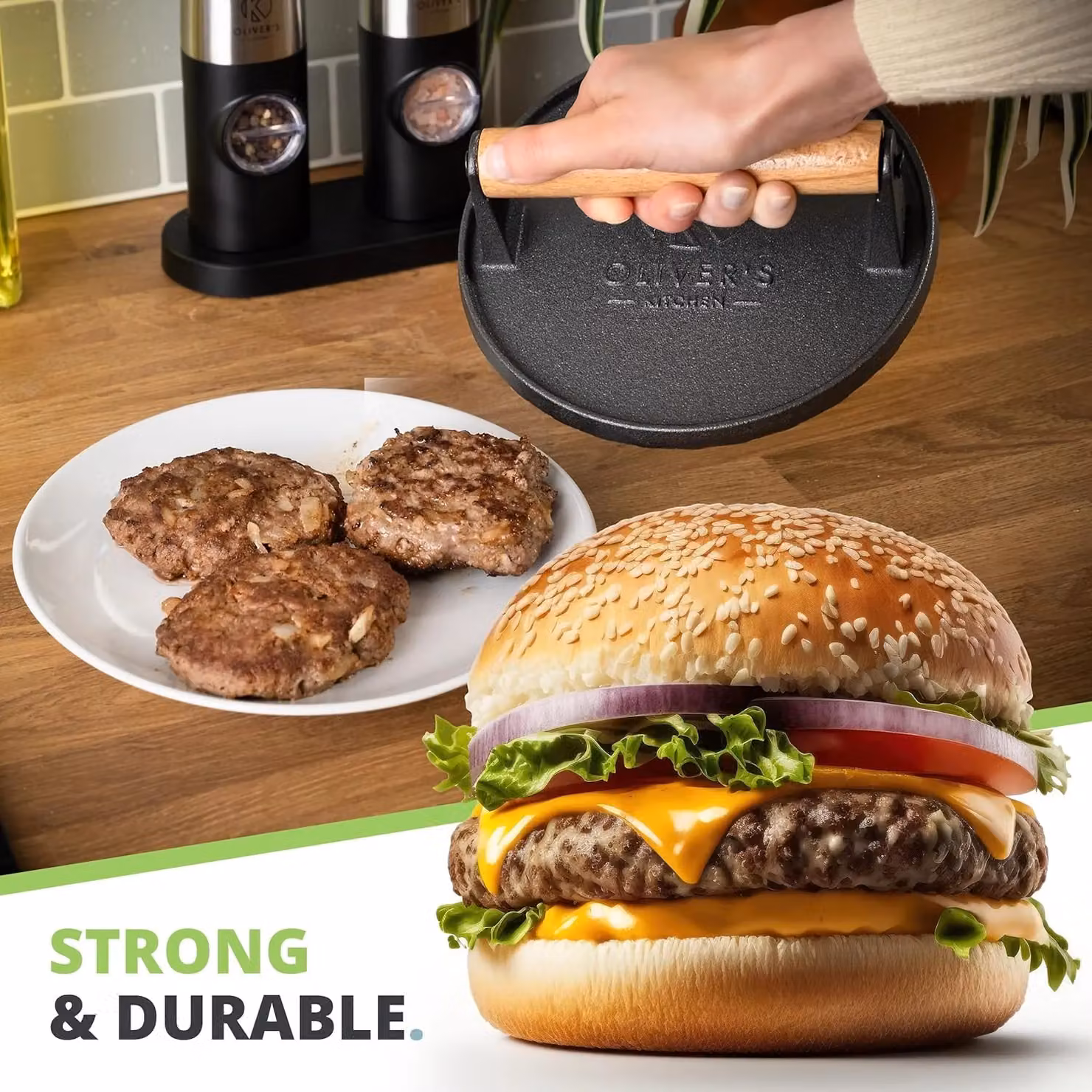 Oliver's Kitchen Cast Iron Smash Burger Press in Black with Ergonomic Grip – 5