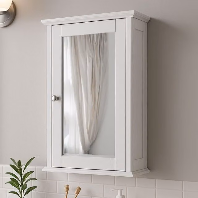 Orsina White Wood Mirrored Bathroom Cabinet with Small Drawer and Chrome Handle, W/D/H: 53 x 34 x 15 cm