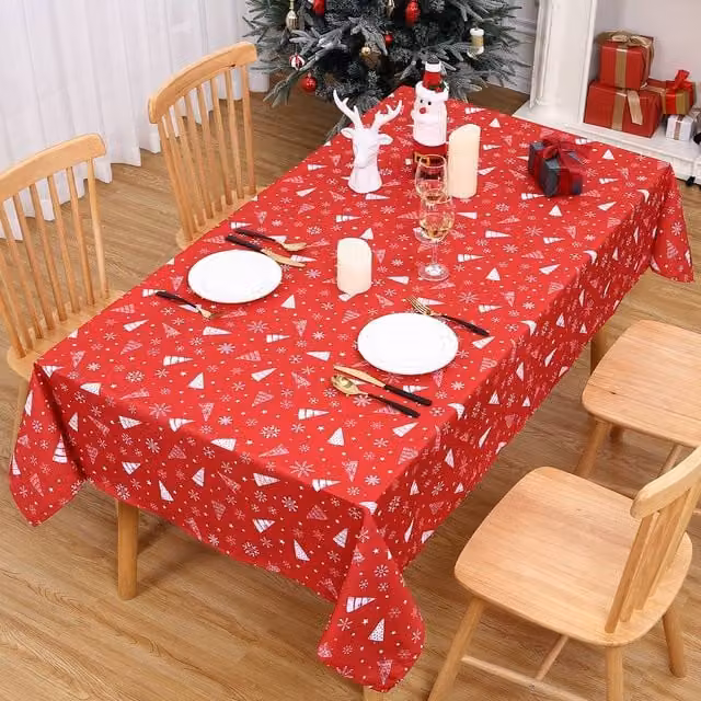 London Boutique Red Christmas Tablecloth, Waterproof and Wrinkle-Free Polyester Table Cover, W: 137.16 cm, D: 200.66 cm – 1
