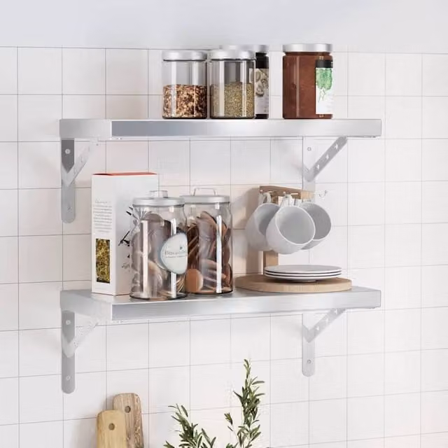 Berkfield Home Set of 2 Silver Stainless Steel Wall Mounted Shelves, W: 50 cm, D: 23.5 cm