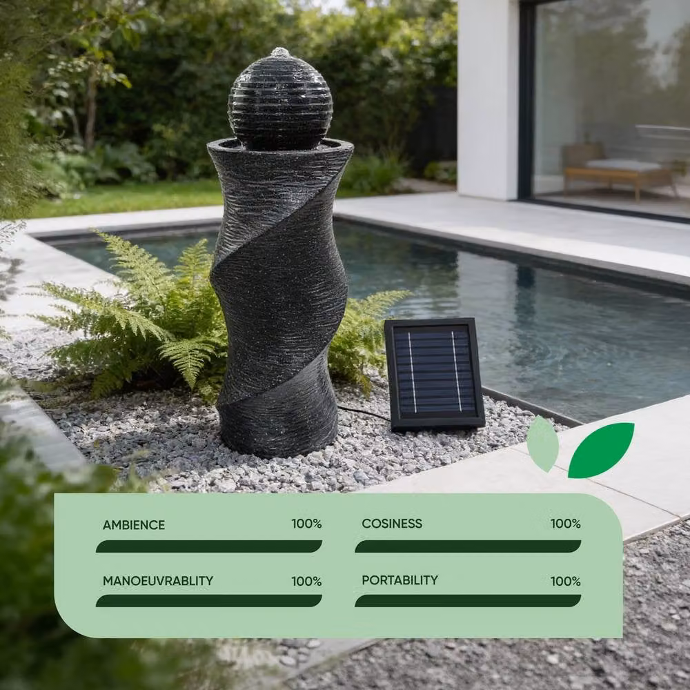 Gardenwize Solar Twisted Ball Water Feature with Warm White LED Lights and Battery Backup in Dark Grey, H 74.5 cm x W 27 cm x D 27 cm – 5