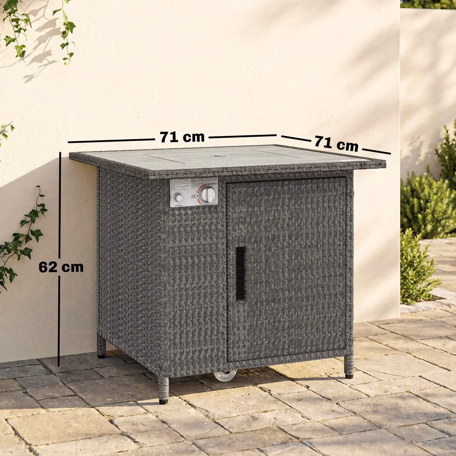 Outsunny Dark Grey Rattan Gas Fire Pit Dining Table with Rain Cover, Wind Guard, Lid and Lava Rocks – 3