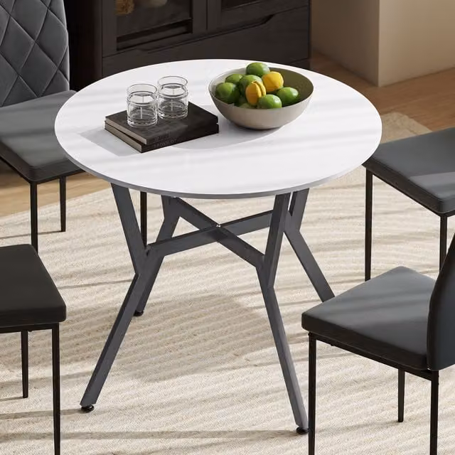 HOMCOM Modern Round Dining Table with High Gloss White MDF Laminate Top and Black Metal X-Frame Legs