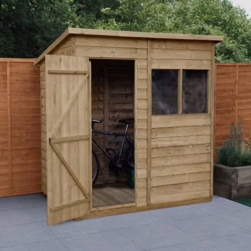 Forest Garden Pent Overlap Wooden Garden Shed with Window and Single Door, Green/Brown, W: 182.88 cm, D: 220 cm, H: 182.88 cm