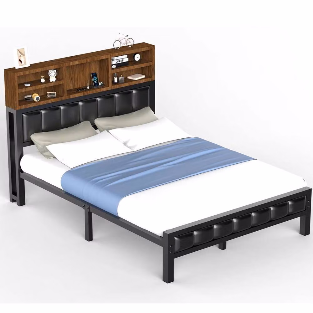 FLAVORA Industrial Metal Platform Double Bed Frame with Under-Bed Lighting and Side Compartments in Black – 2