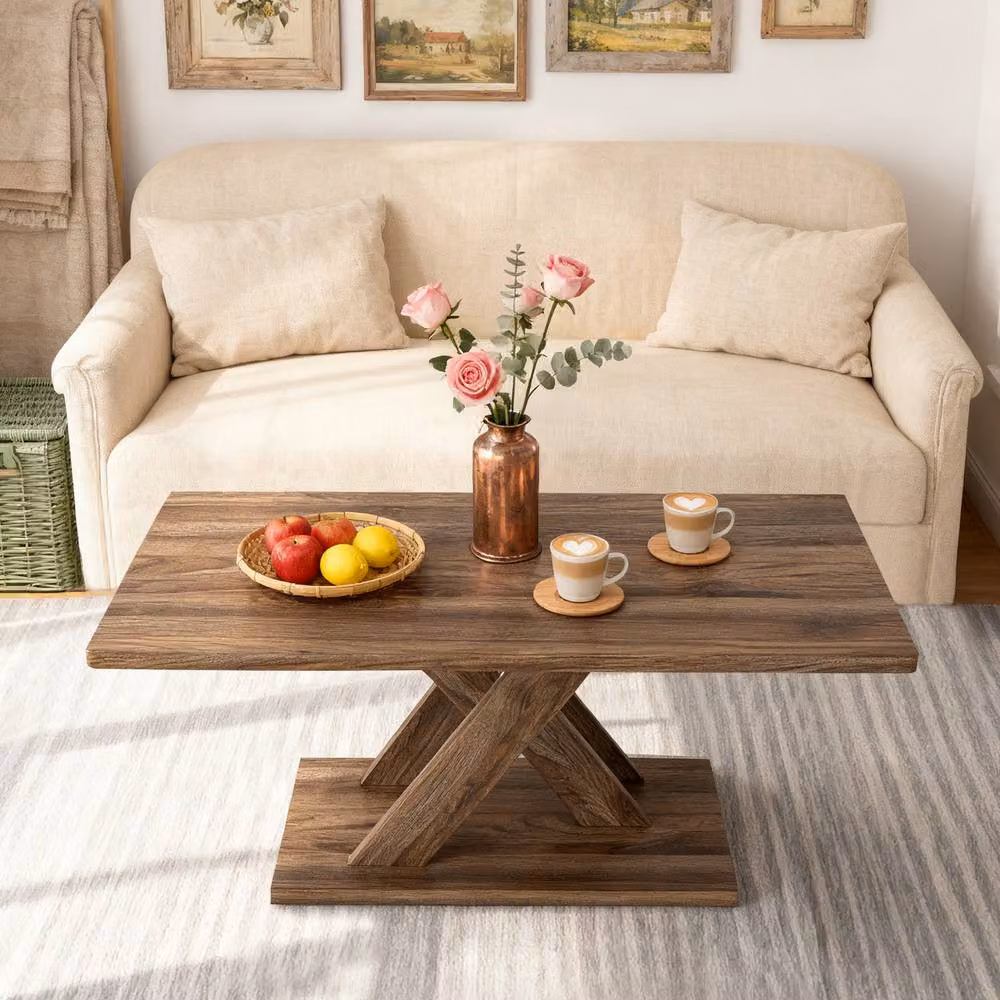 Costway Brown Rectangular Farmhouse Coffee Table with X-Frame Design – 8