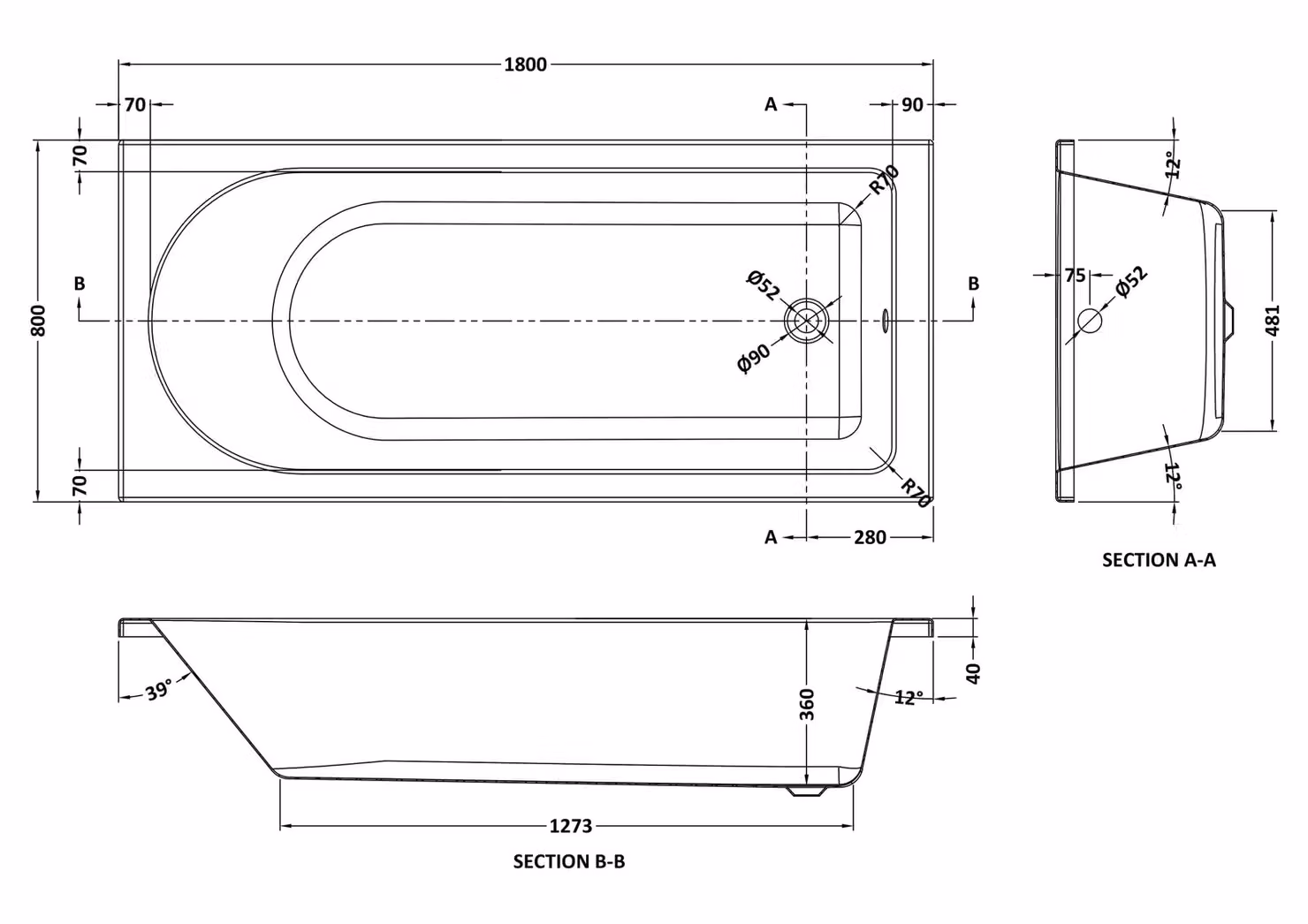 Balterley Round Single Ended Straight Shower Bath with Apron and Leg Set, White, W: 180 cm, D: 80 cm – 2