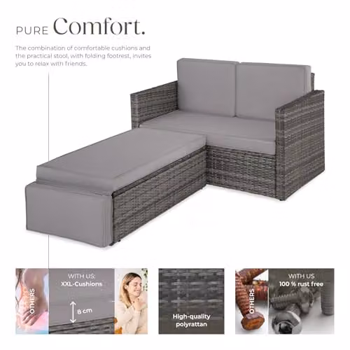 tectake Rattan Garden Furniture Set in Grey with 2 Seater Sofa and Ottoman featuring Powder Coated Steel Frame and UV-Resistant Cushions – 3