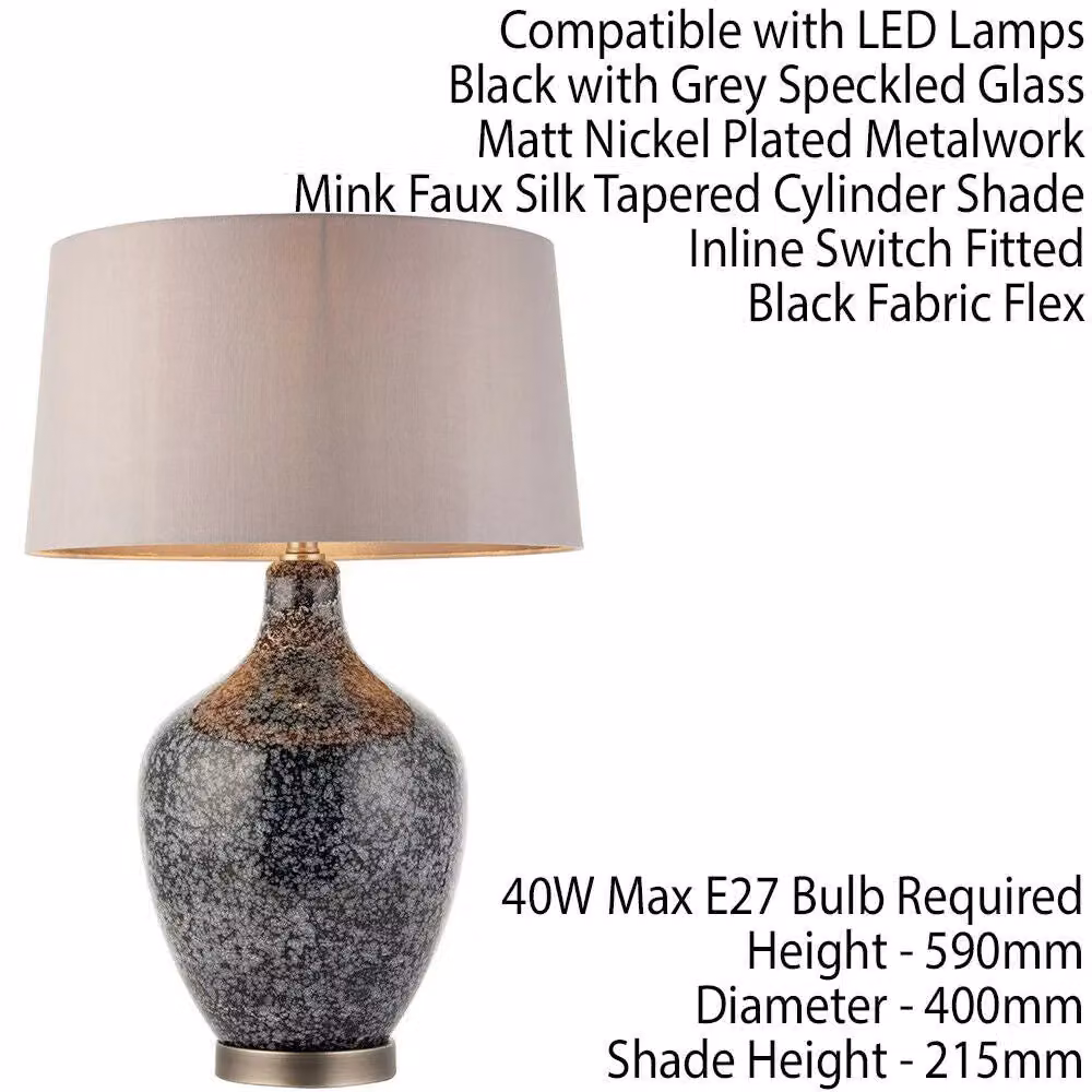 Loops Classic Style Table Lamp with Black and Grey Speckled Glass Base and Mink Silk Shade – 2