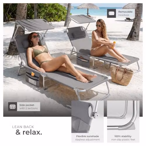 tectake Set of 2 Folding Sun Loungers in Grey, H x W x D: 111 x 68 x 190 cm – 5